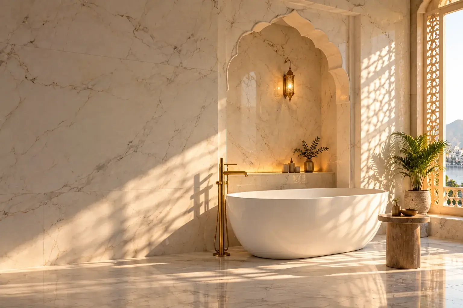 Marble bathroom with a freestanding bath beneath a Rajasthani arched niche, lit by jaali-patterned sunlight