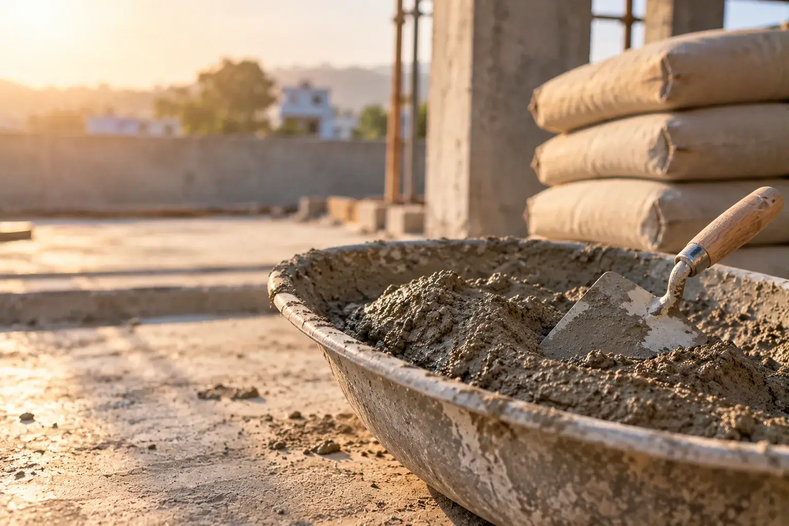 Fresh cement mortar and a trowel in a mixing pan on a construction site