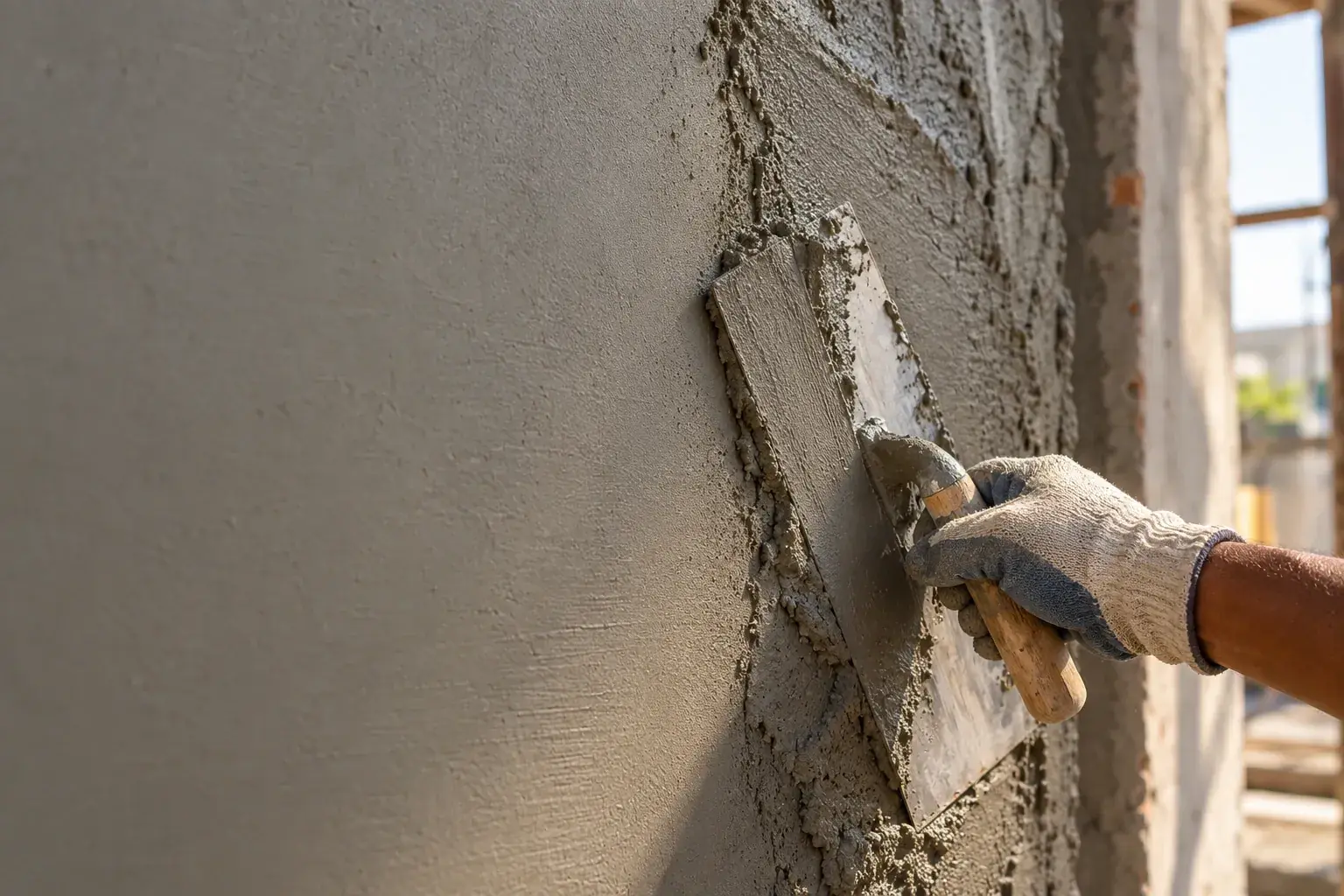 Gloved hand smoothing fresh cement plaster onto a wall with a steel trowel