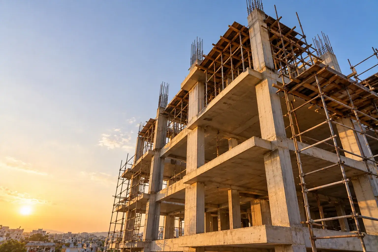 Reinforced concrete building frame with scaffolding under construction at sunset