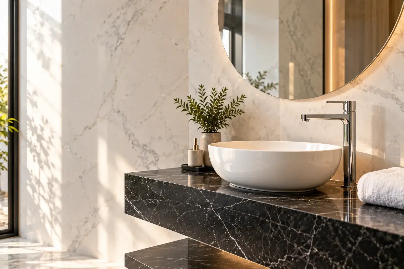 White vessel basin and tall chrome mixer on a black marble counter beneath a round mirror