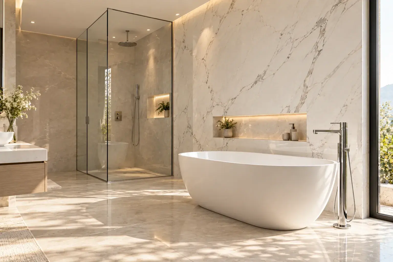 Freestanding bath with a floor-standing chrome mixer and a glass walk-in shower in a marble bathroom