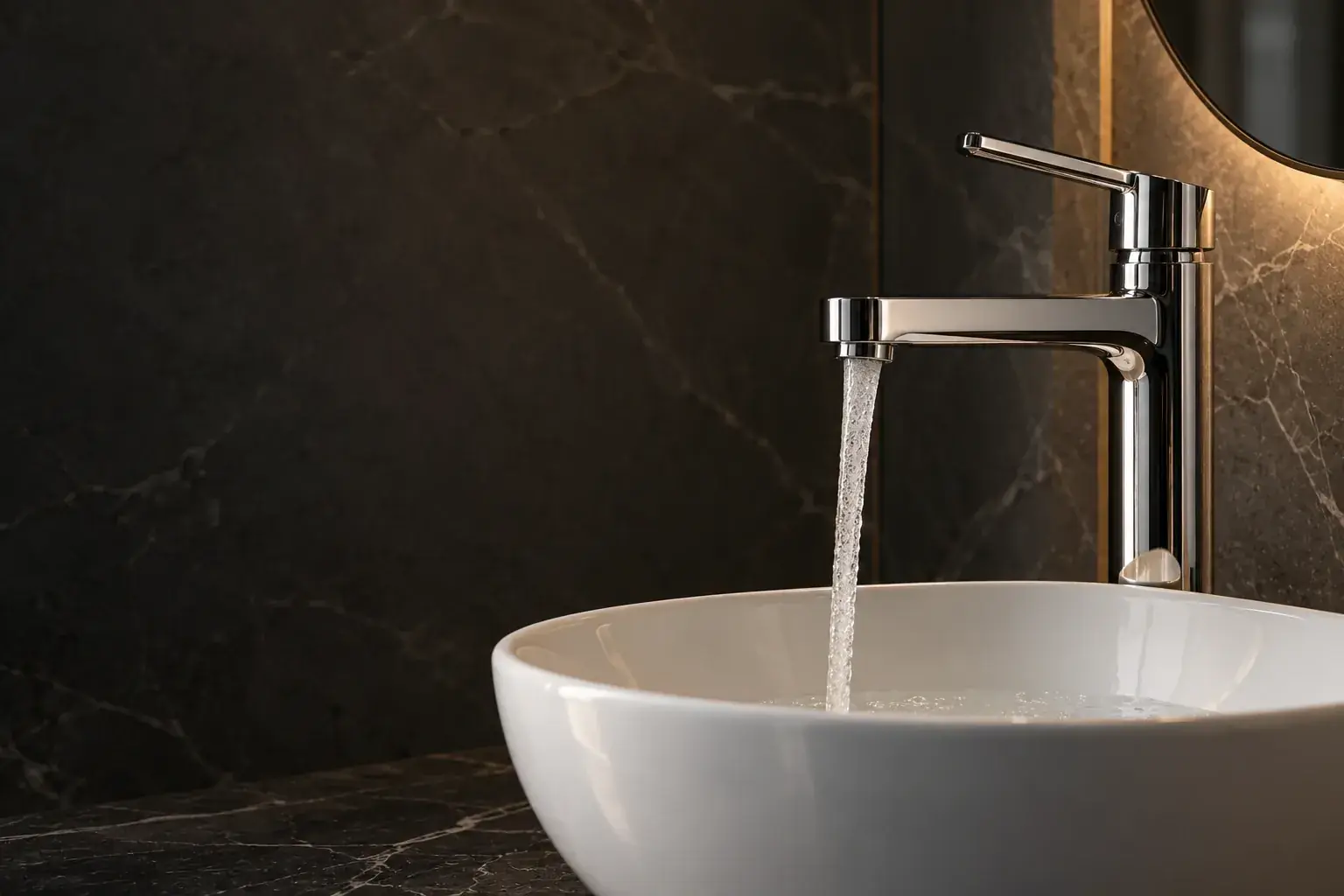 Chrome single-lever basin mixer pouring water into a white basin against dark stone