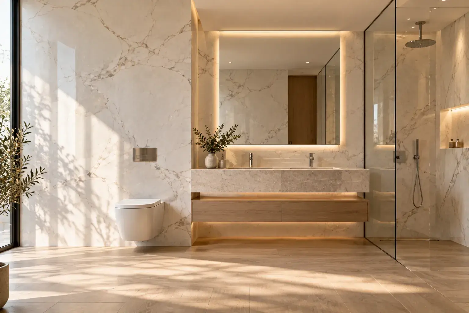 Finished marble bathroom with a wall-hung WC, floating stone vanity, backlit mirror and walk-in shower