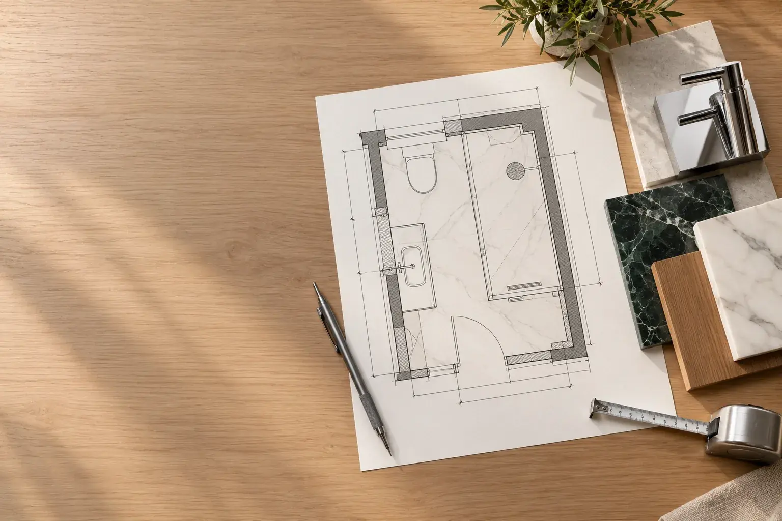Bathroom floor plan drawing with a pencil, tape measure and stone and chrome finish samples on an oak desk