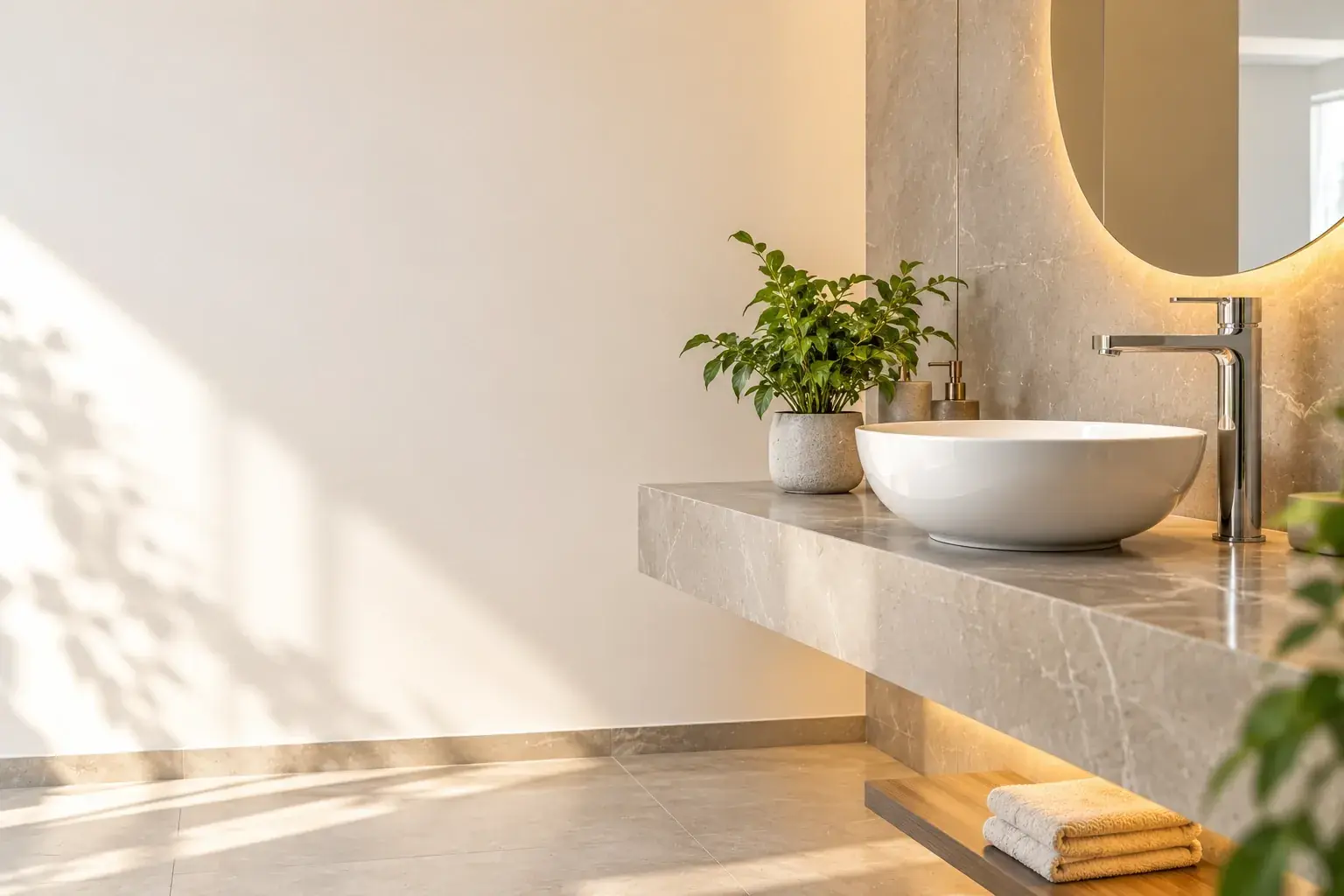 Bright showroom corner with a white vessel basin and chrome mixer on a floating grey stone counter