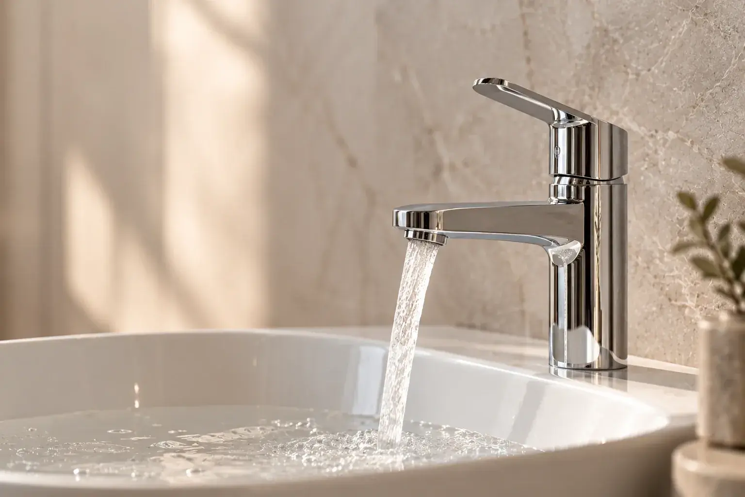 Polished chrome basin mixer pouring water into a white basin