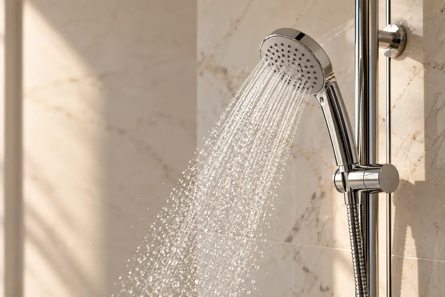 Chrome hand shower on a sliding rail releasing a spray of water