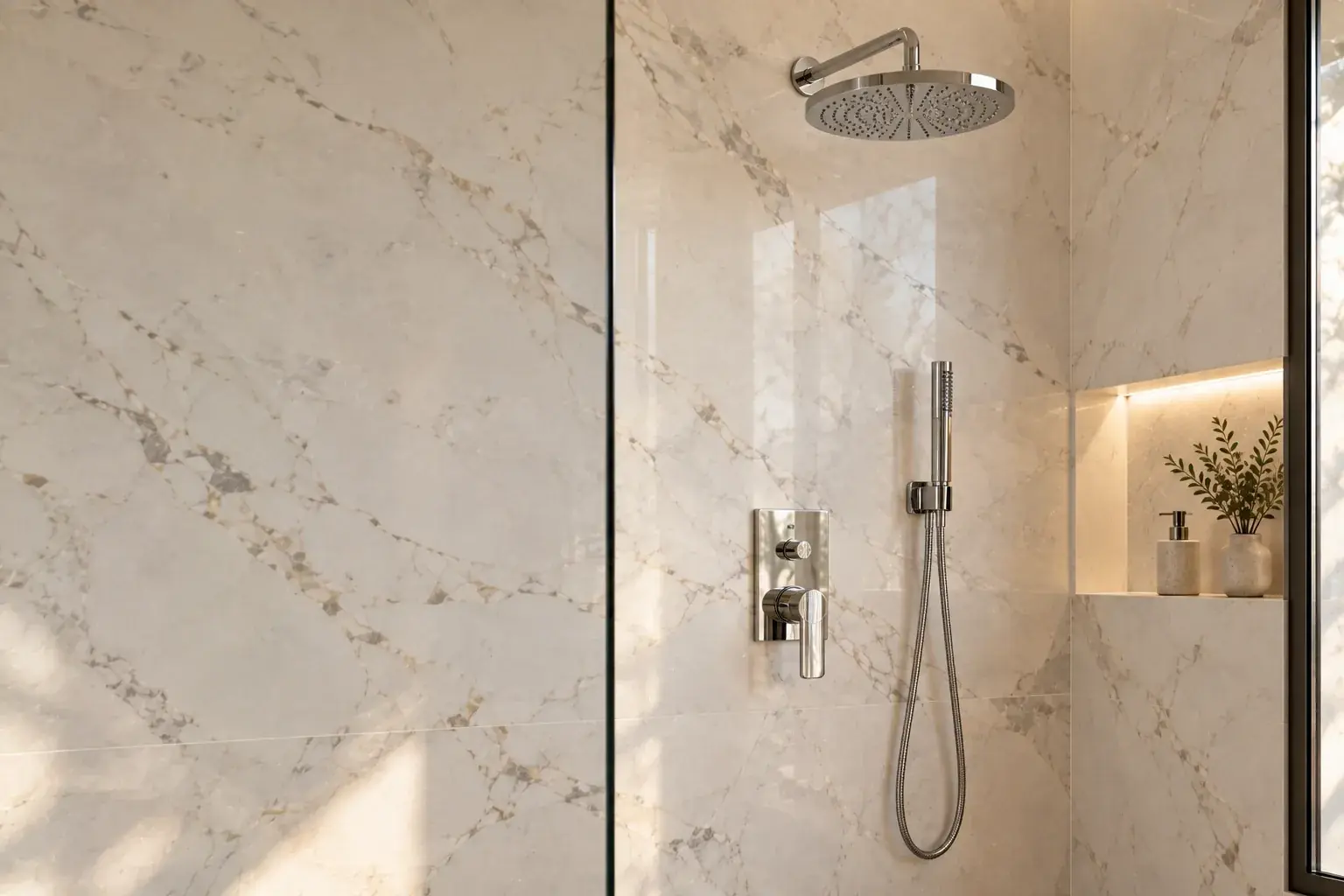 Chrome concealed shower mixer, hand shower and rain shower on a marble shower wall