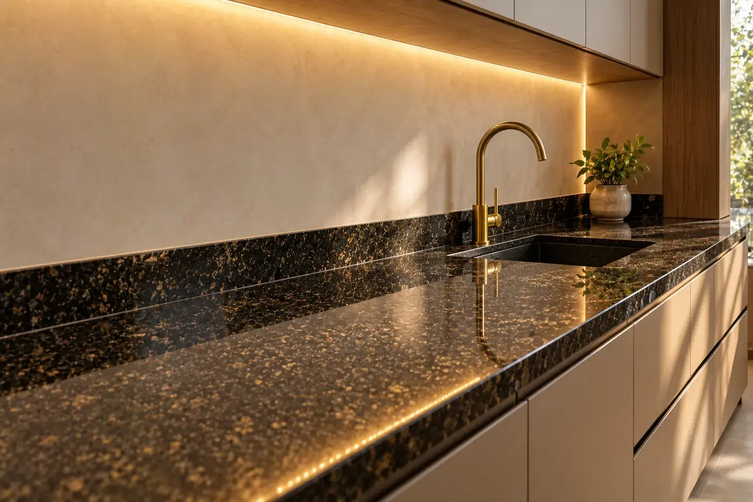 Polished black galaxy granite countertop with golden flecks under warm kitchen lighting