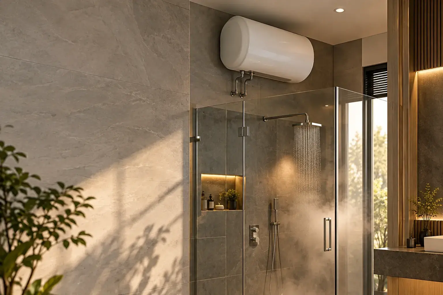Bathroom with a white storage water heater mounted above a steamy glass shower enclosure
