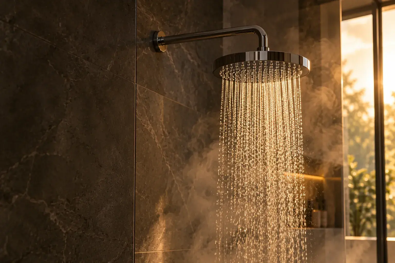 Rain shower pouring hot water with rising steam against a dark stone wall