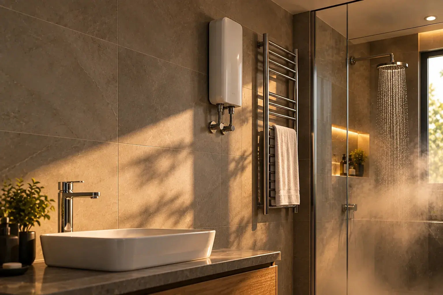 Instant water heater and heated towel rail beside a basin in a warm, steamy bathroom