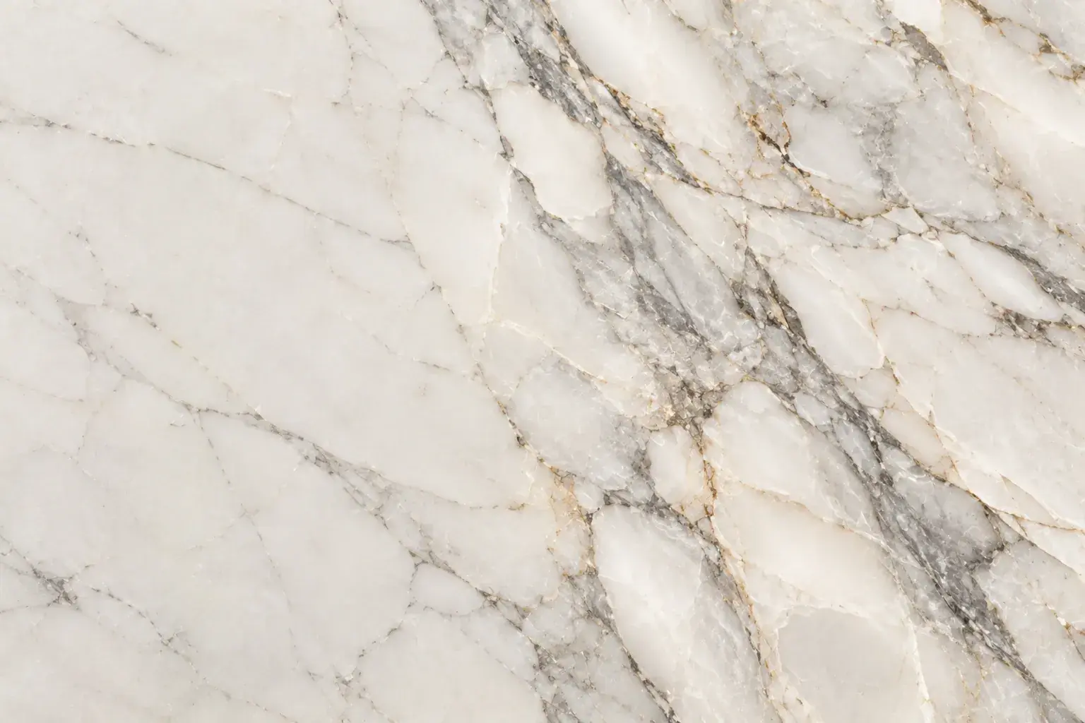 Close-up of polished white marble with grey and gold veining
