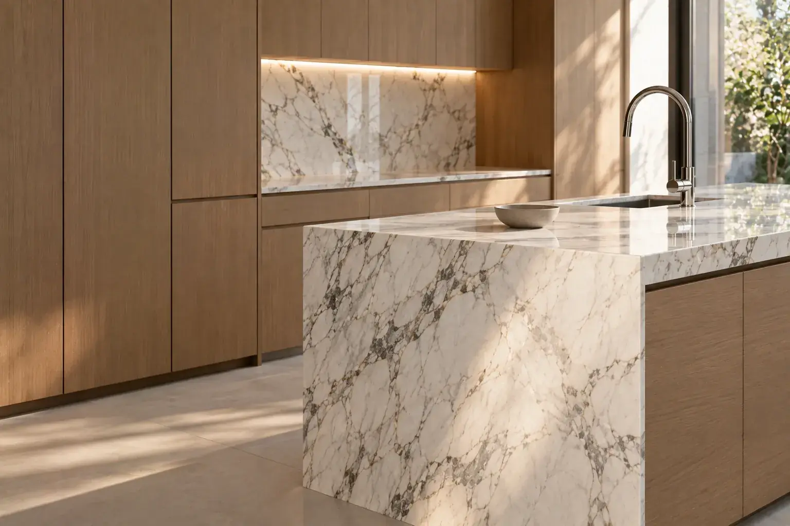 Kitchen island with a waterfall-edge white marble worktop and grey veining