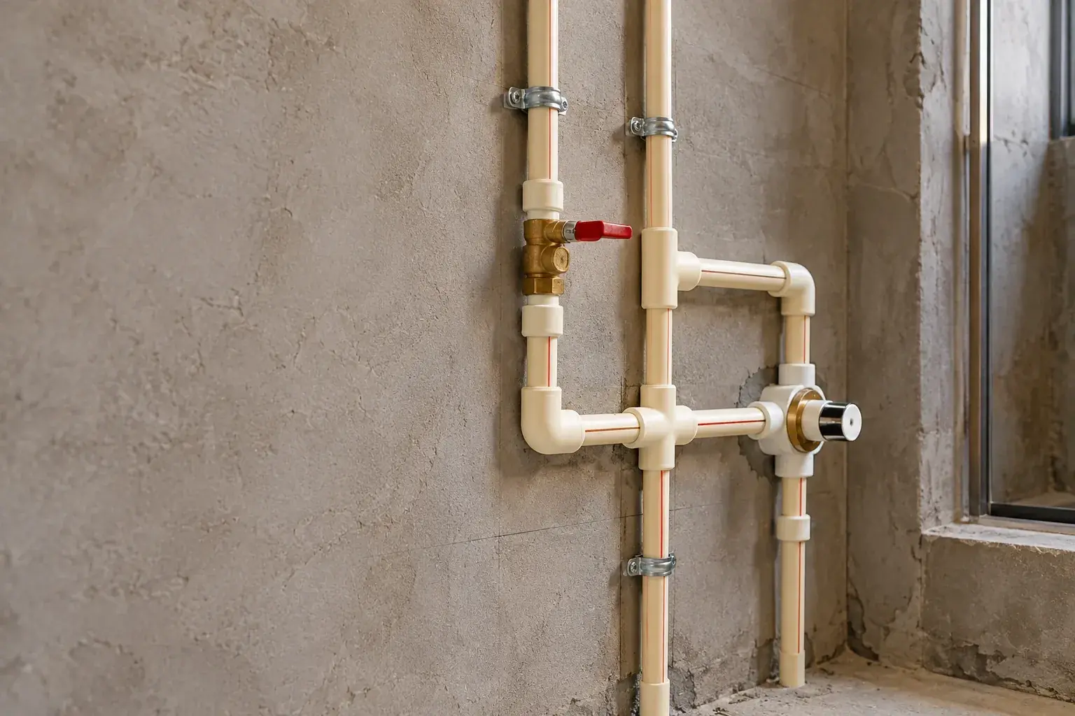 CPVC hot and cold water pipework with a brass valve installed on a bathroom wall before tiling