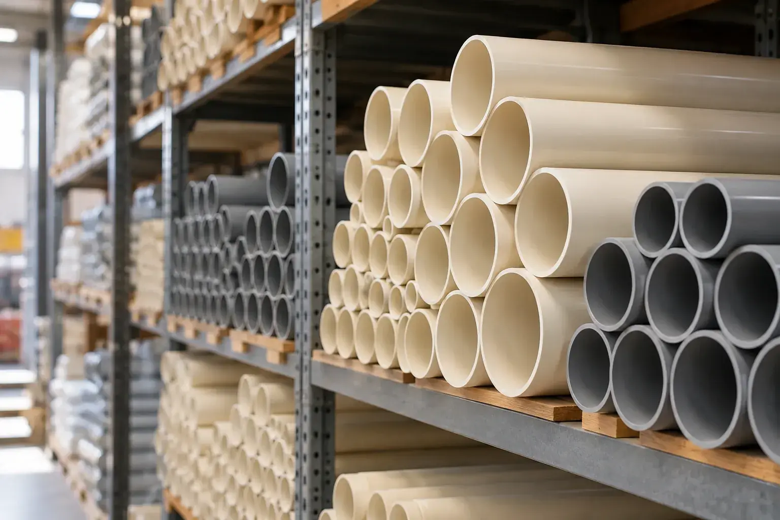 Warehouse racks stacked with cream CPVC and grey UPVC pipes of different diameters