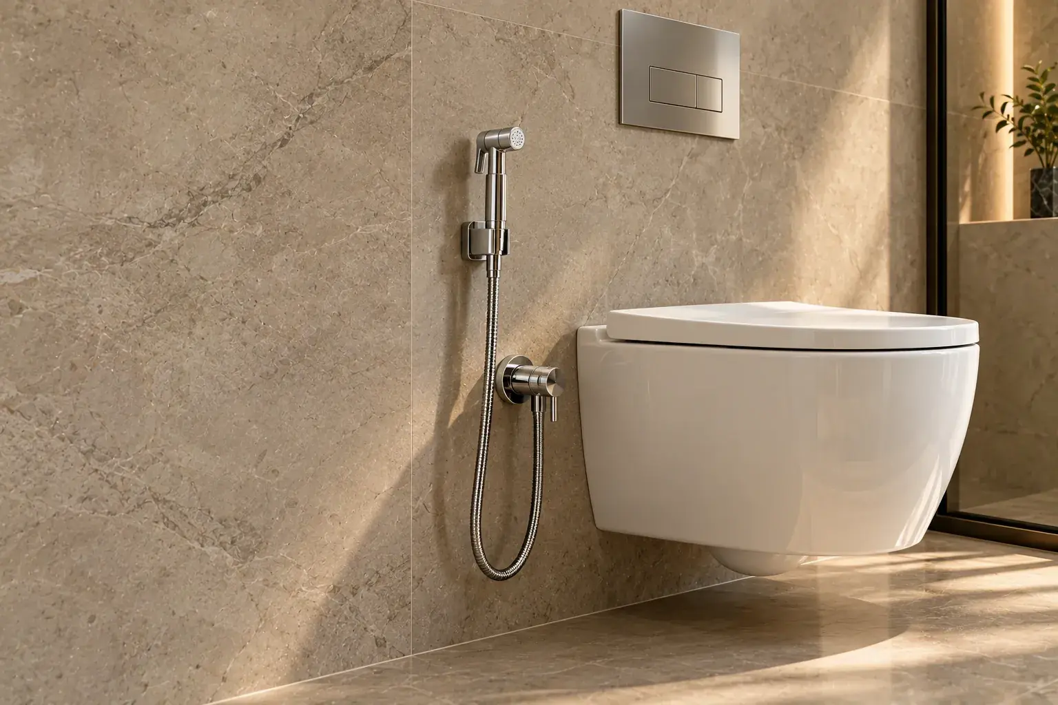 Wall-hung WC with a chrome health faucet and angle valve on a warm stone wall