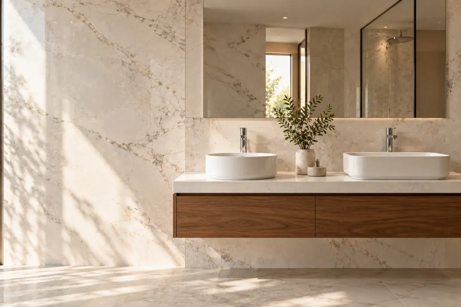 Round and rectangular countertop basins with chrome mixers on a floating walnut vanity