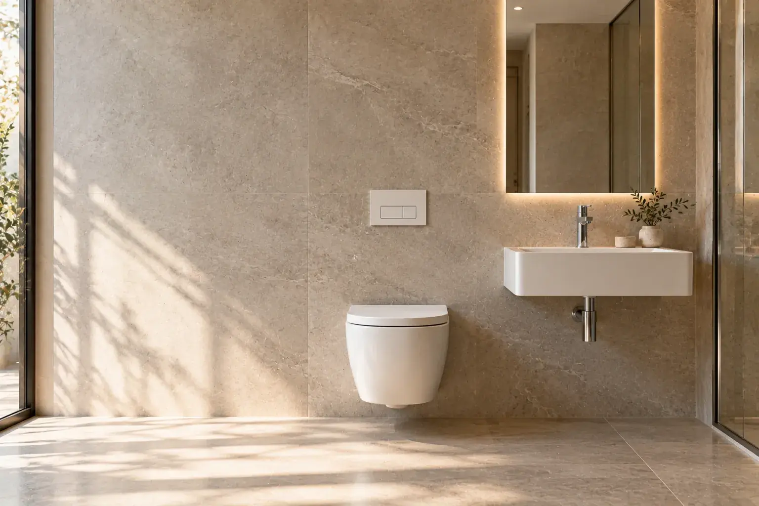 Wall-hung WC with a concealed-cistern flush plate beside a wall-hung basin in a warm stone bathroom