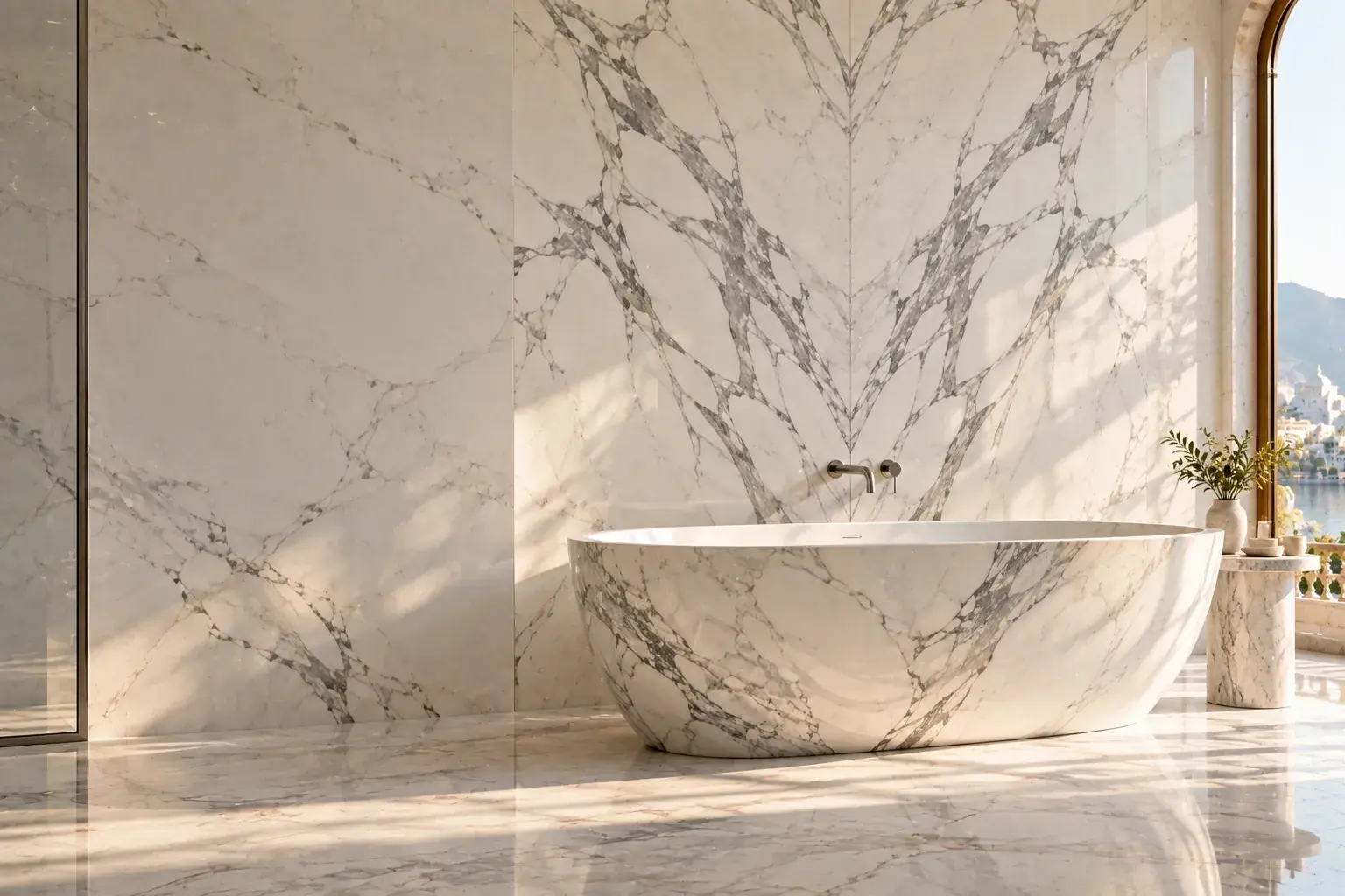 Bathtub carved from white marble with bold grey veining before a book-matched marble wall