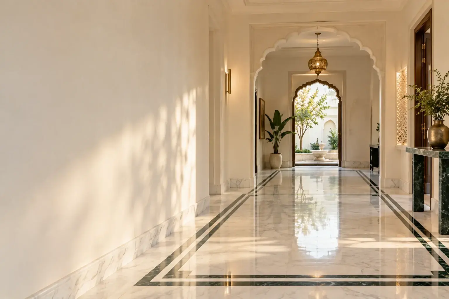 Arched hallway with a polished white marble floor inlaid with a green marble border