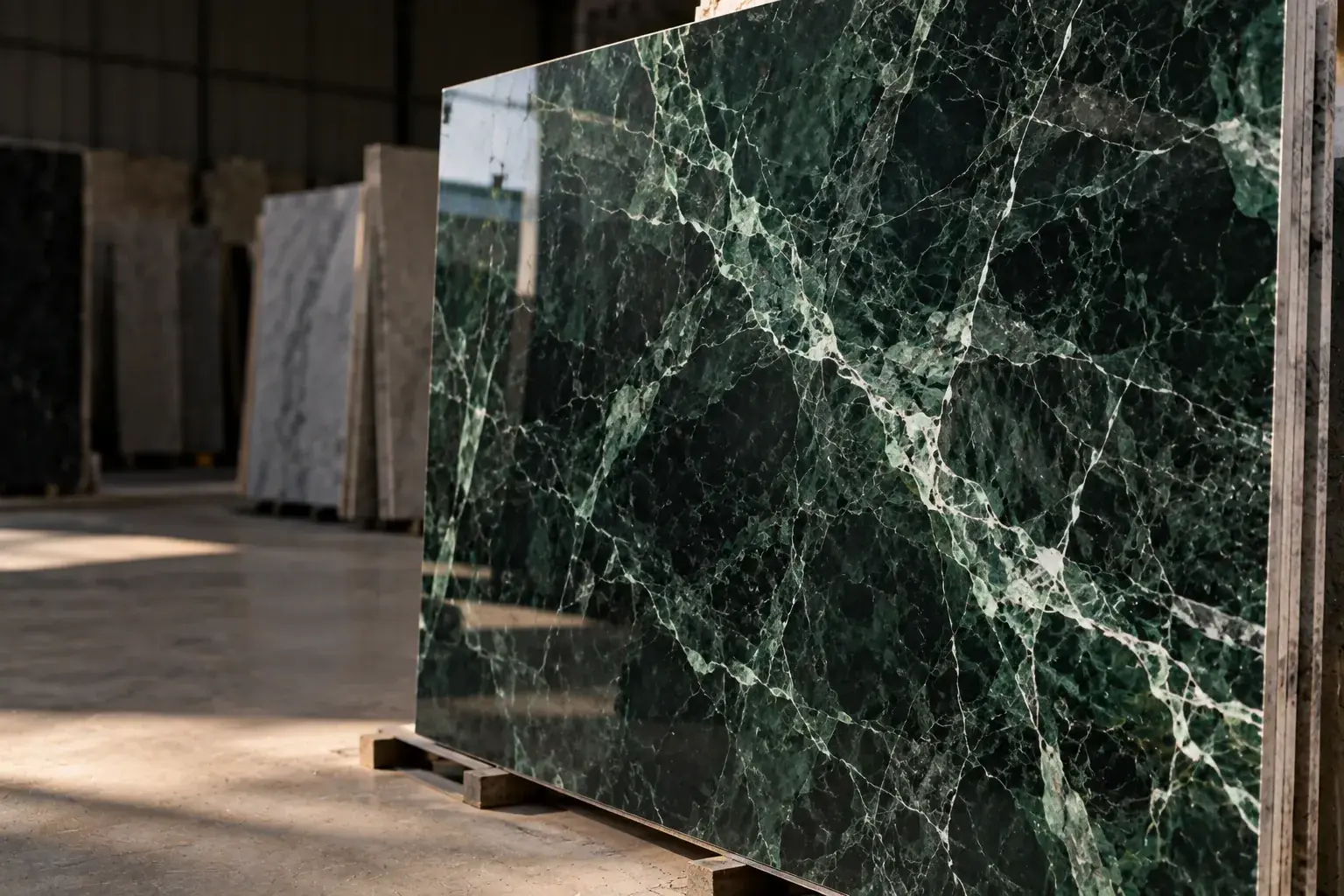 Polished slab of Udaipur green marble with white veining in a stone yard