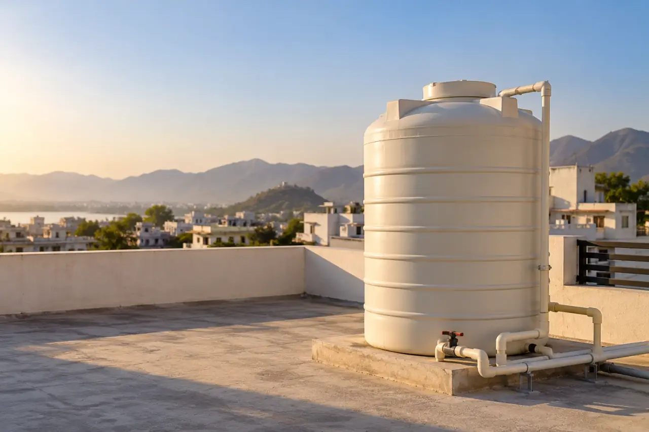 Rooftop terrace with a water storage tank overlooking Udaipur and the Aravalli hills